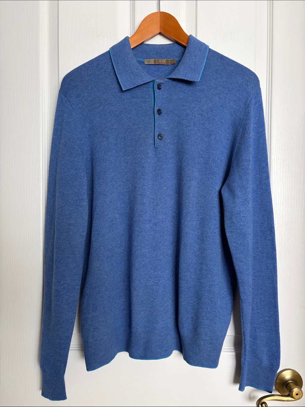 Raffi Blue Long-Sleeve Cashmere Polo with Contrast Teal Trim